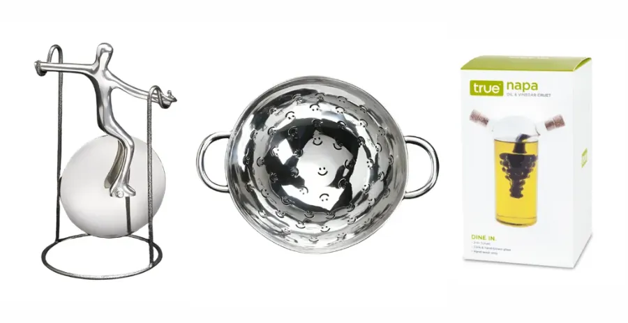 Pizza cutter, colander and oil & vingar cruet