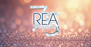 75 REA logo with gold, pink glitter background