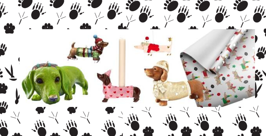 Dachshund ornaments and holiday decor with paw-print background.